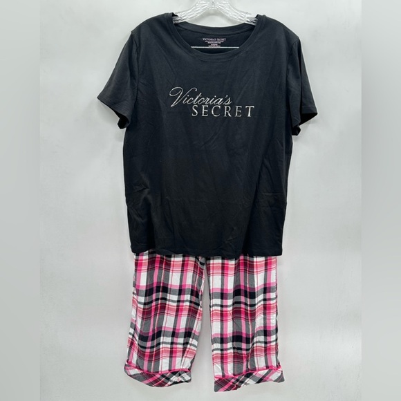 VICTORIA SECRET Plaid pink-black woman PJ loungewear casual athleisure set M - Picture 1 of 13